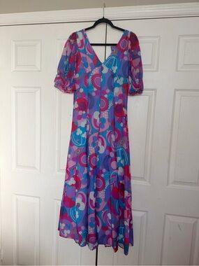 Vintage Multicolor Puff-Sleeve Midi Dress